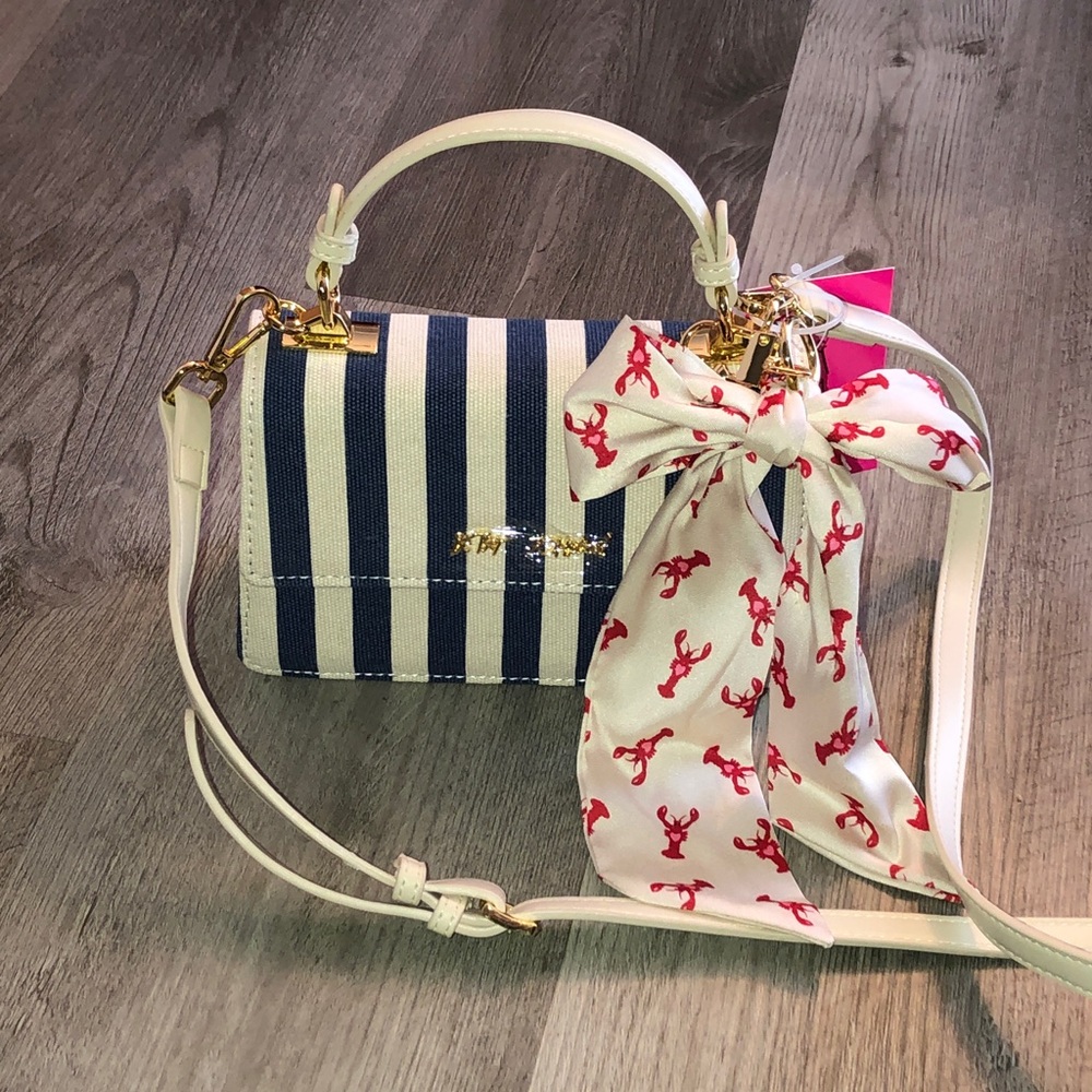 Betsey Johnson XOJULES Blue Multi Striped Top Handle Crossbody Lobster Bow NWT